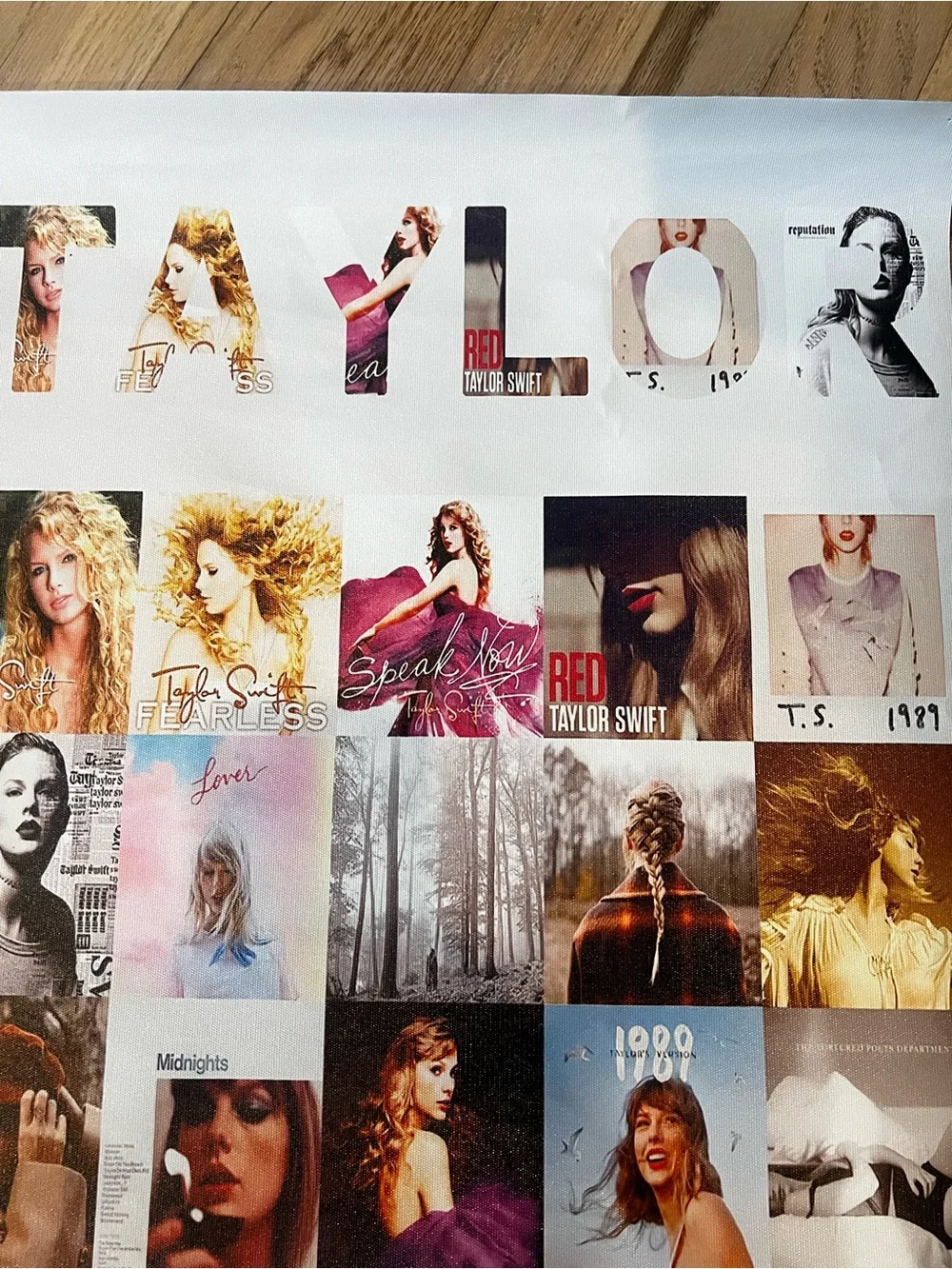 Taylor Swift Collage Poster with Cream, Brown, Gold and Blue Accents